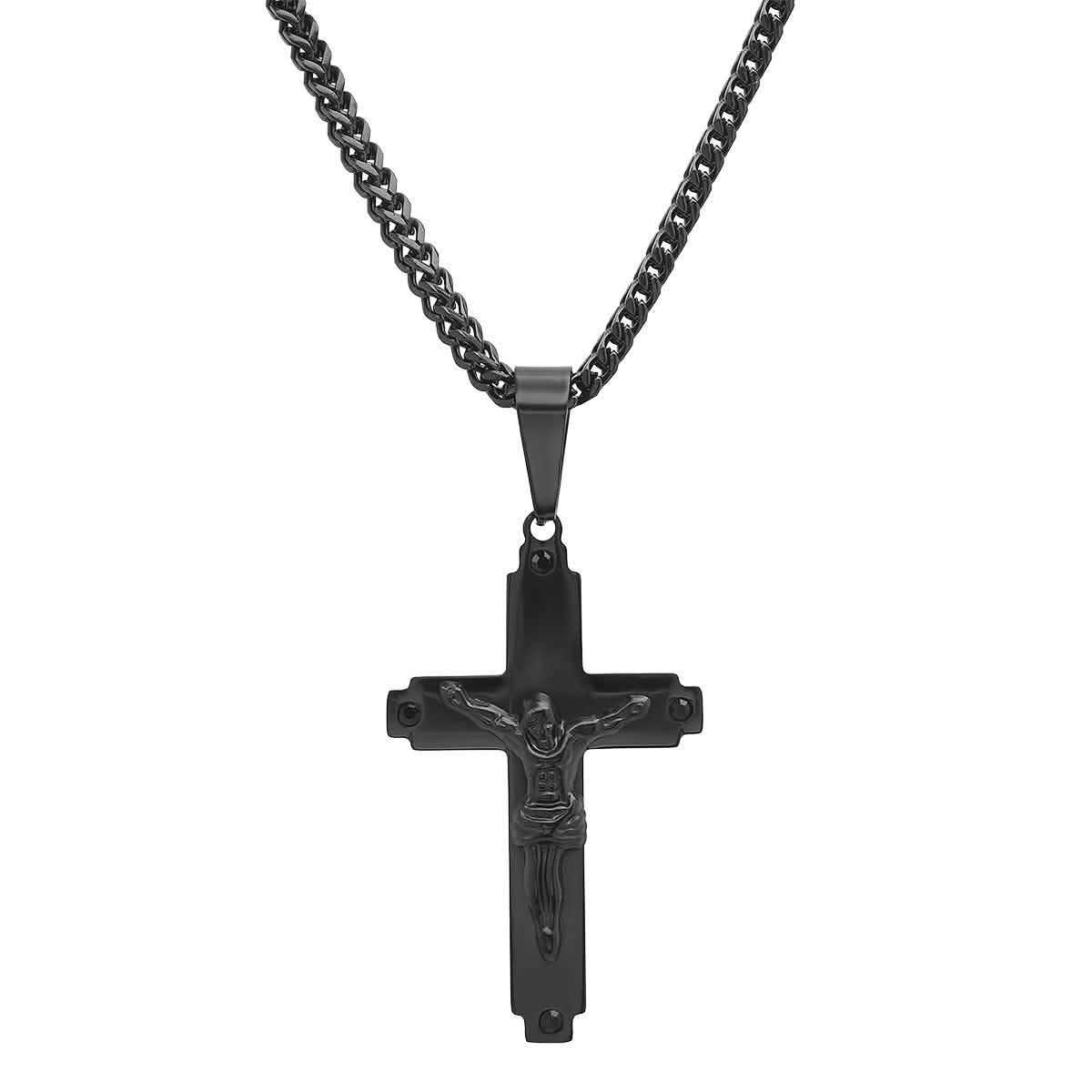 Herrenanhänger Kreuz aus schwarzem IP-Edelstahl mit simulierten schwarzen Diamanten
