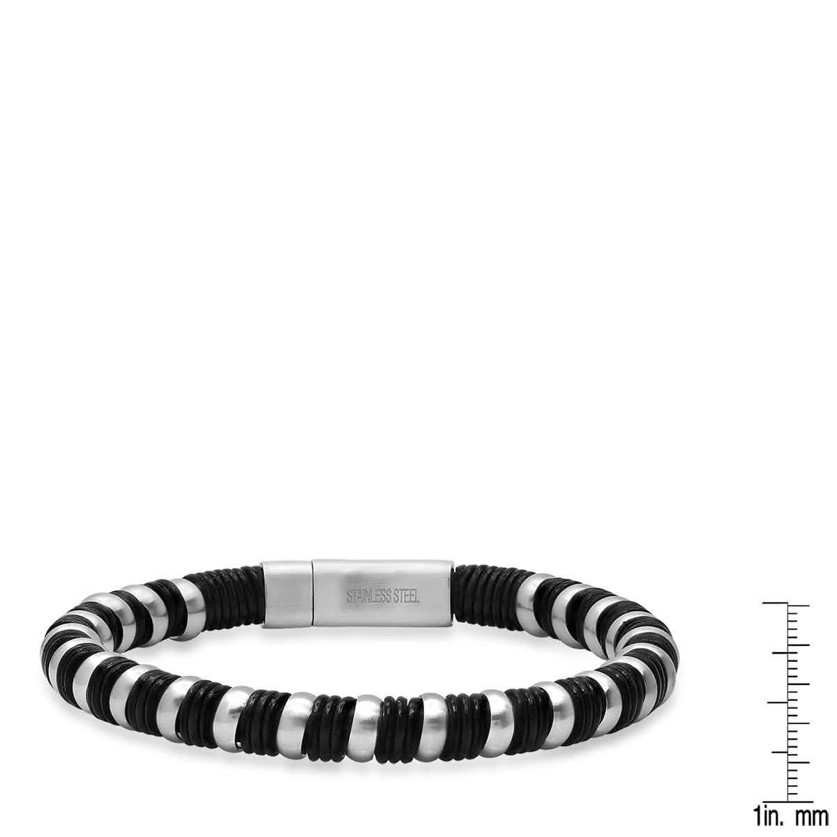 Herrenarmband aus schwarzem Leder und geflochtenem Edelstahl