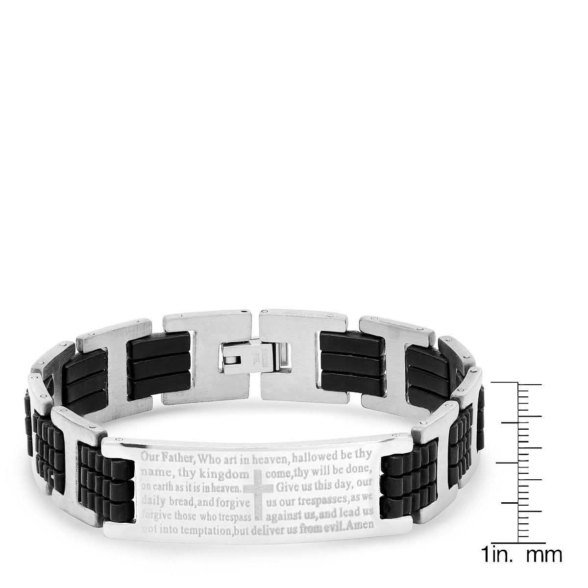 Herrenarmband "Our Father English Prayer" aus schwarzem Kautschuk und Edelstahl mit Gravur