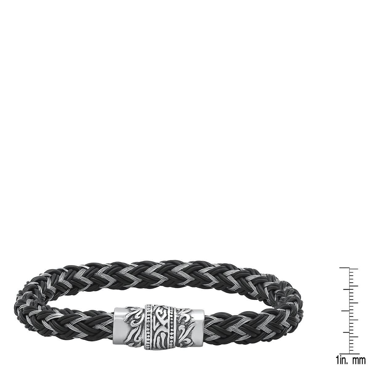 Herrenarmband aus Edelstahl und geflochtenem schwarzem Leder