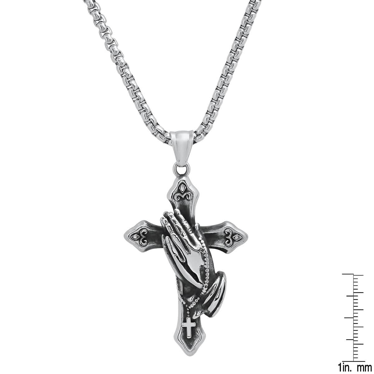 Herren-Edelstahl-Anhänger mit oxidierter Gebetshand und Kreuz