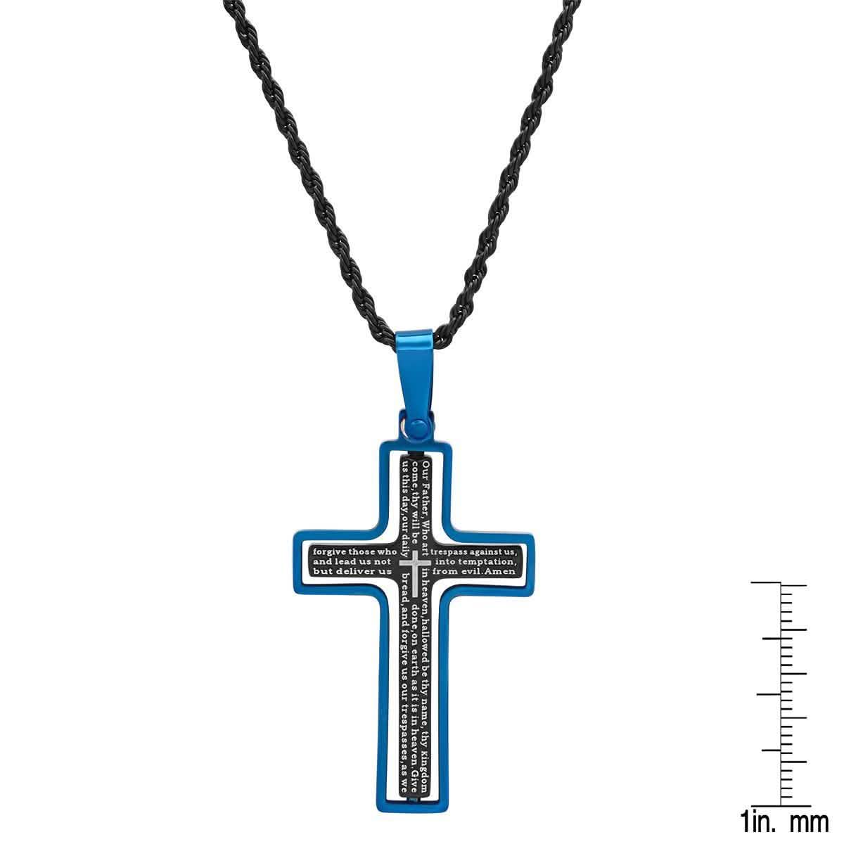 Herren Bicolor Schwarz und Blau IP Edelstahl Vaterunser Englisches Kreuz Anhänger