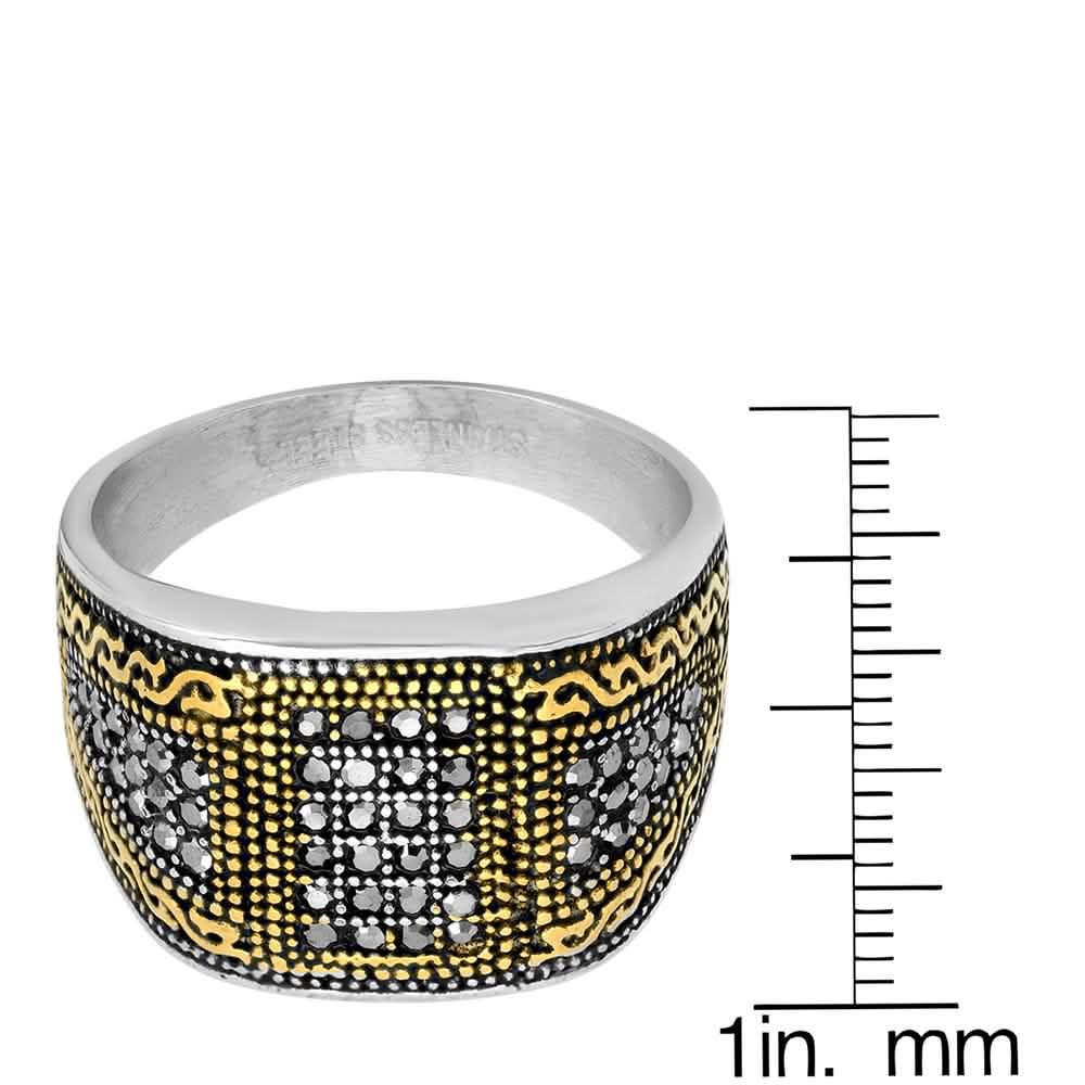 Herren-Bicolor-Ring aus Edelstahl und 18 Karat Gold mit simulierten Diamanten