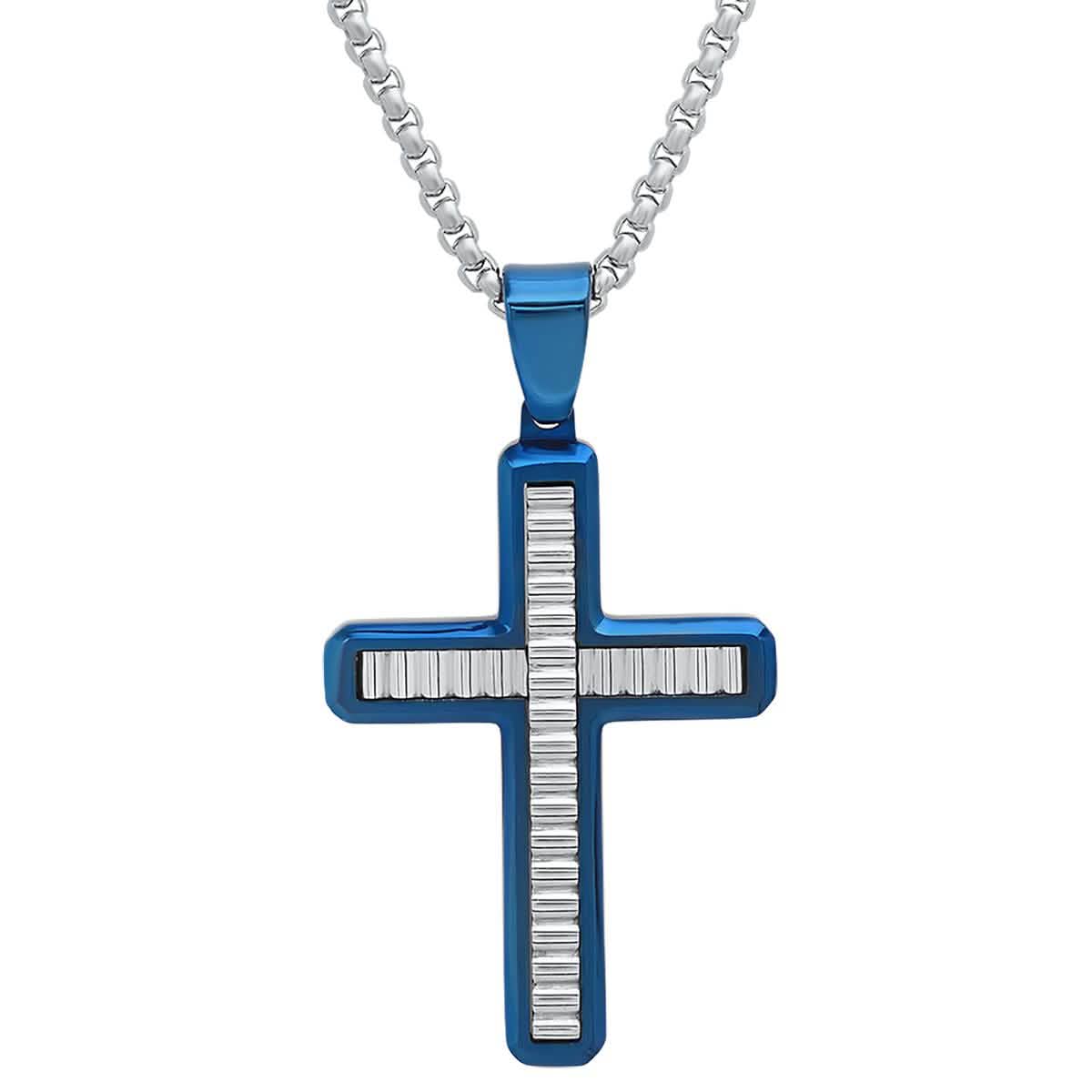 Herren-Anhänger, zweifarbig, Edelstahl und blau IP, Kreuz mit Wellen-Inlay