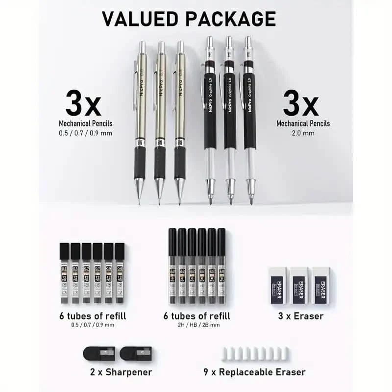 Nicpro Art Druckbleistift-Set zum Schreiben, Skizzieren, Zeichnen mit Minen-Nachfüllpackung
