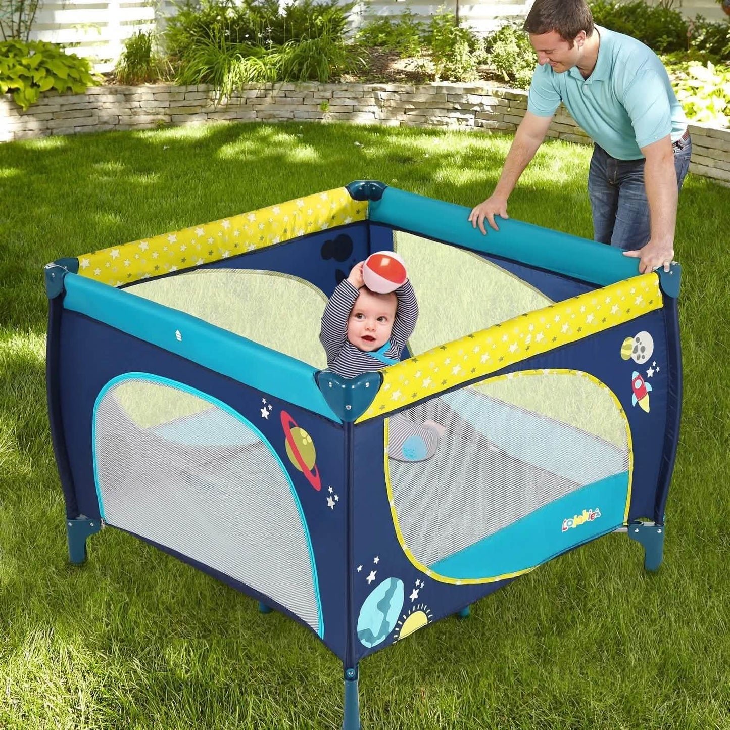 Odoland 39"x39" Faltbarer Laufstall für Babys und Kleinkinder mit Matratze, Gitter und Zaun, Blau