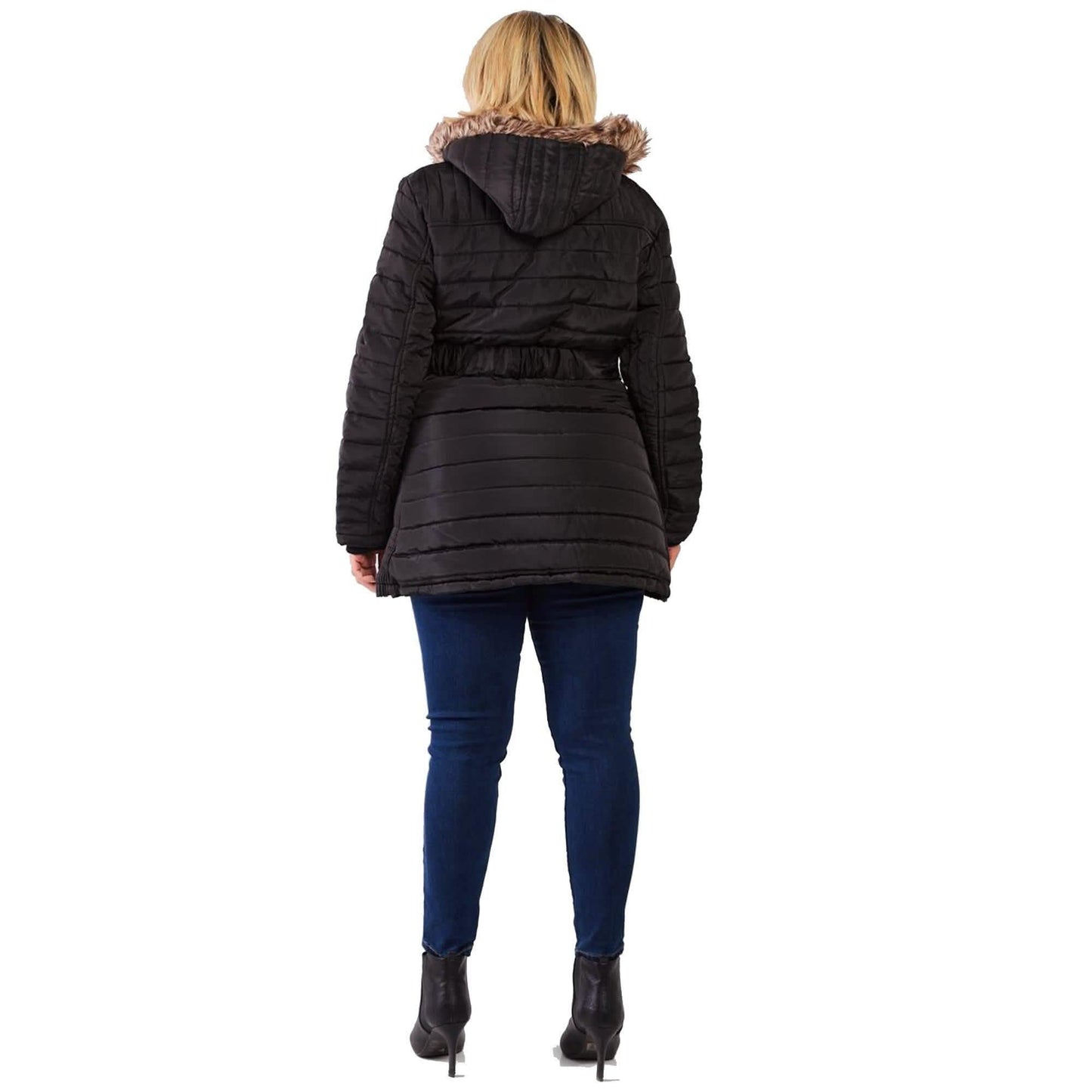 Große Größen Steppjacke mit Kunstfellkapuze, Gürtel und Polsterung
