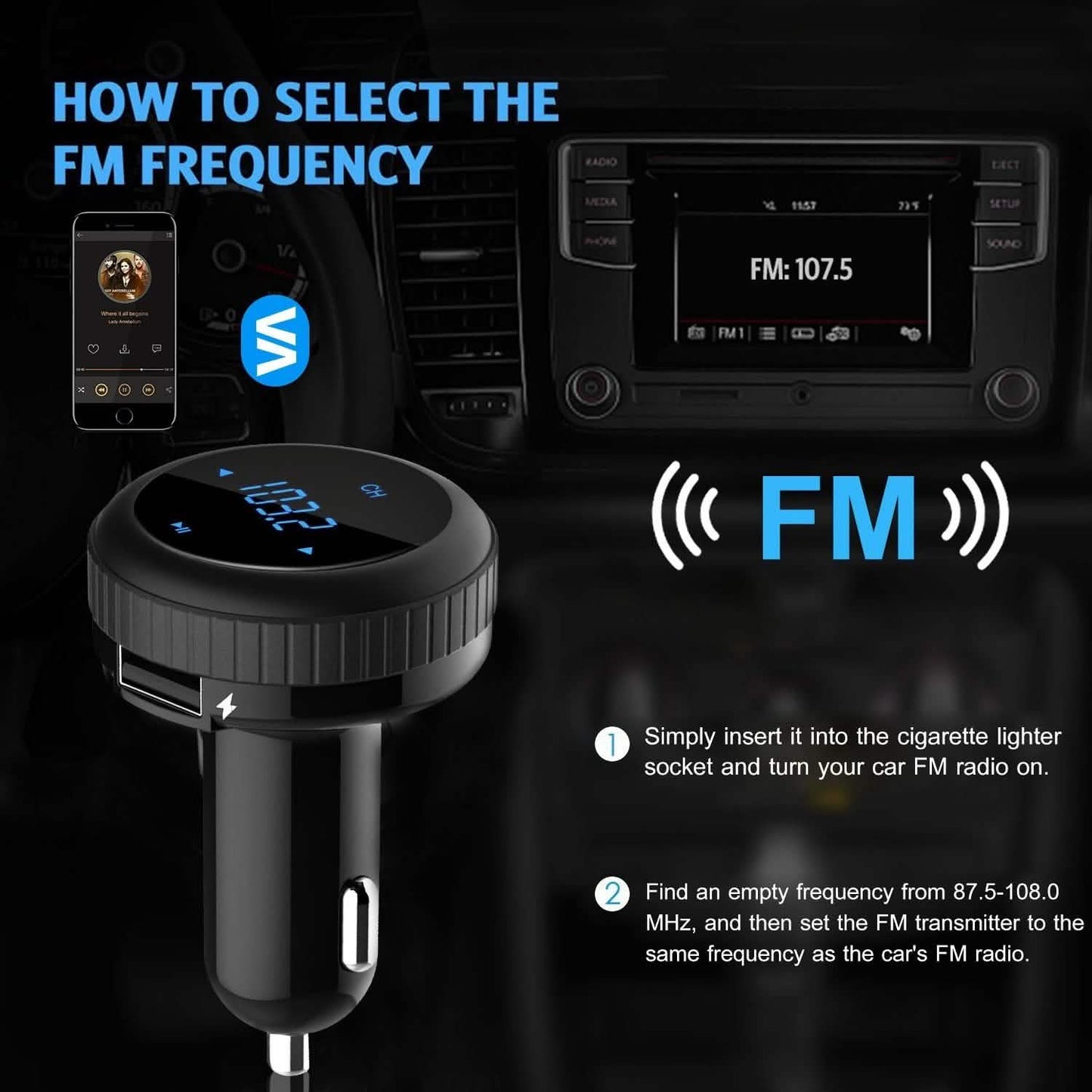 Quick Charge 3.0 Kfz-Ladegerät Wireless 4.2 FM Transmitter 23W 3A Dual USB
