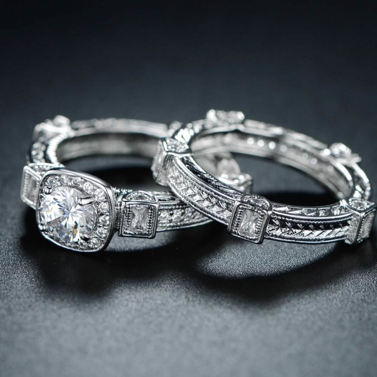Rhodinierter Zirkonia-Verlobungsring-Set – Verschiedene Größen