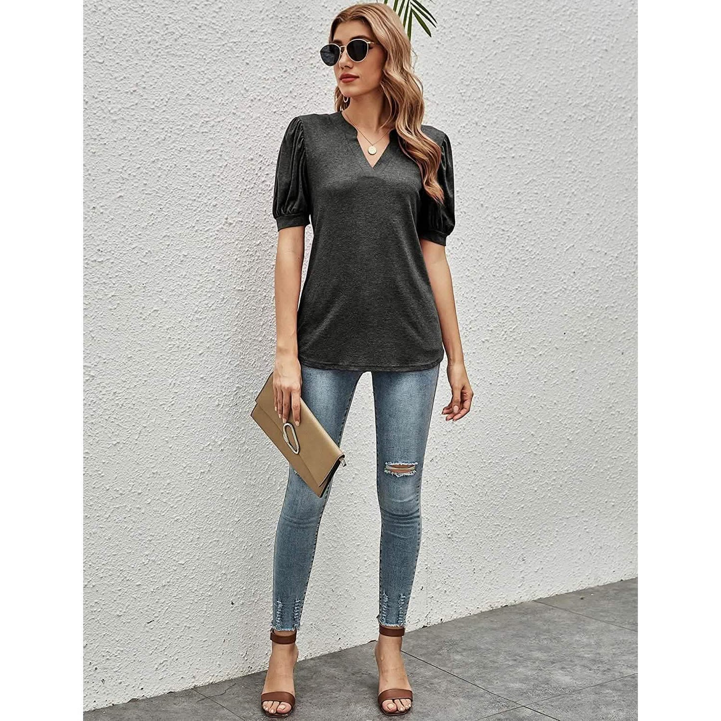 Romanstii Damen Freizeit V-Ausschnitt T-Shirts Locker Puff Kurzarm