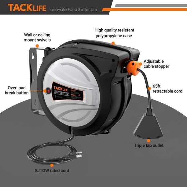Tacklife Kabeltrommel, ausziehbar, 20m + 1,4m Verlängerungskabel