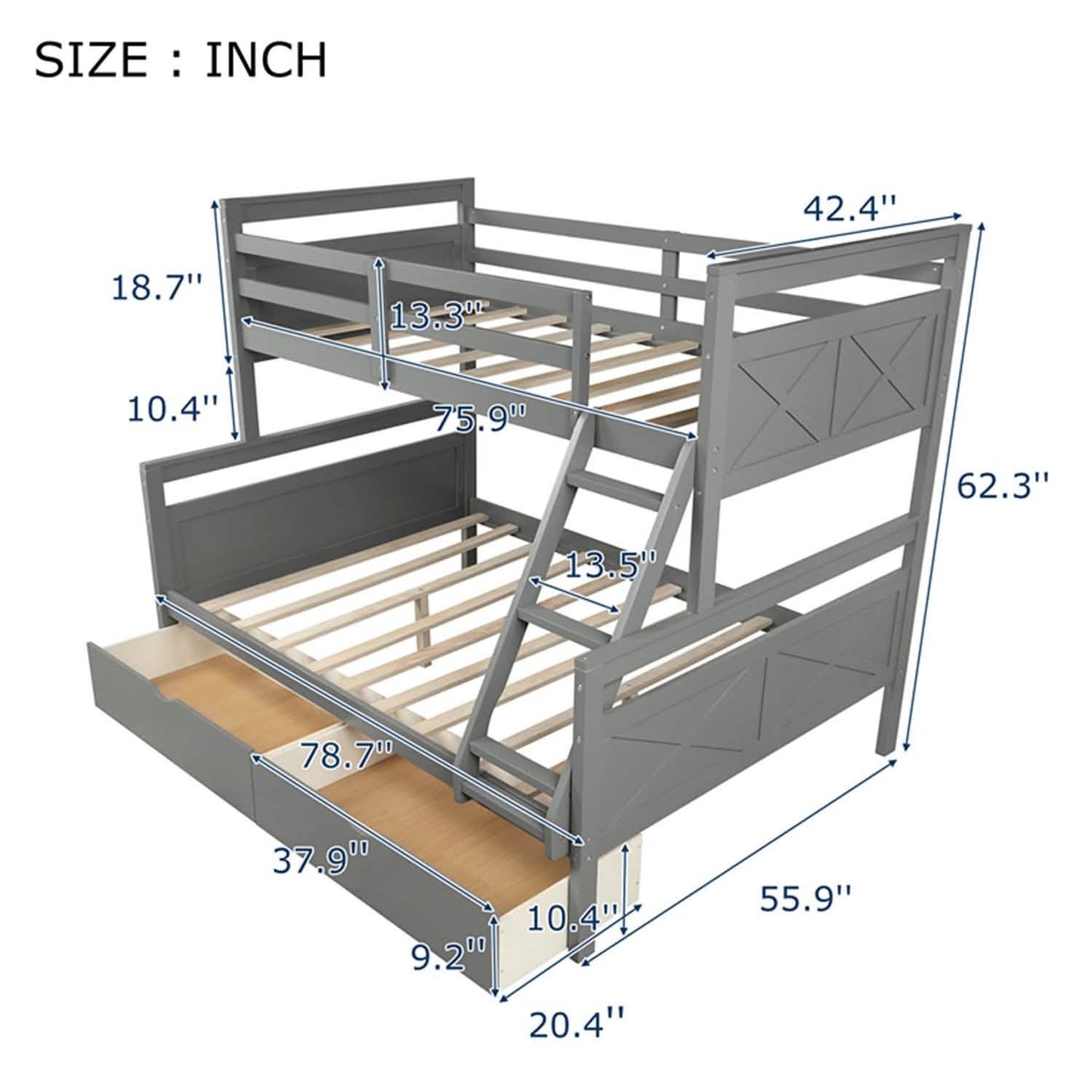 Etagenbett "Twin over Full" mit 2 Schubladen