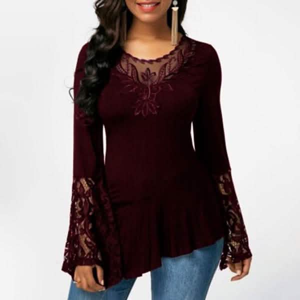 Damen Casual Irreguläres T-Shirt mit Langarm-Spitzenbesatz Übergrößen-Shirts