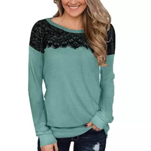 Damenmode Schwarzes Spitzen-Top Langarm Elegant Lässig Sweatshirt Bluse