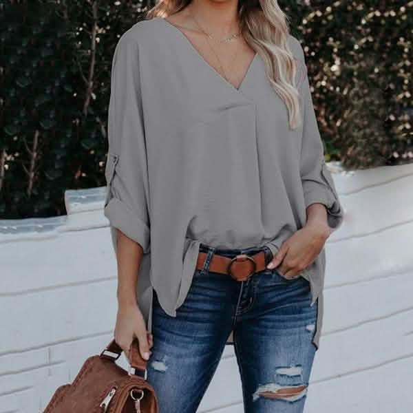 Damen V-Ausschnitt Bluse für Frühling und Herbst