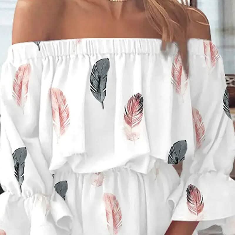 Damen Off-Shoulder Blumenrüschen-Kleid mit 3/4-Ärmeln für Sommer und Frühling