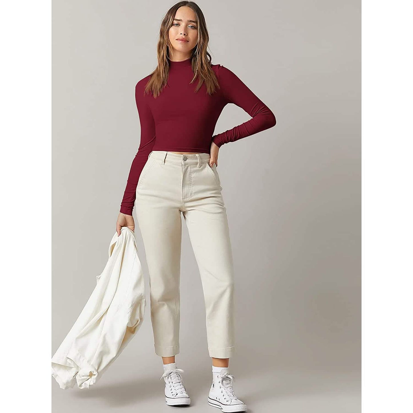 Damen Basic Langarmshirt mit Stehkragen