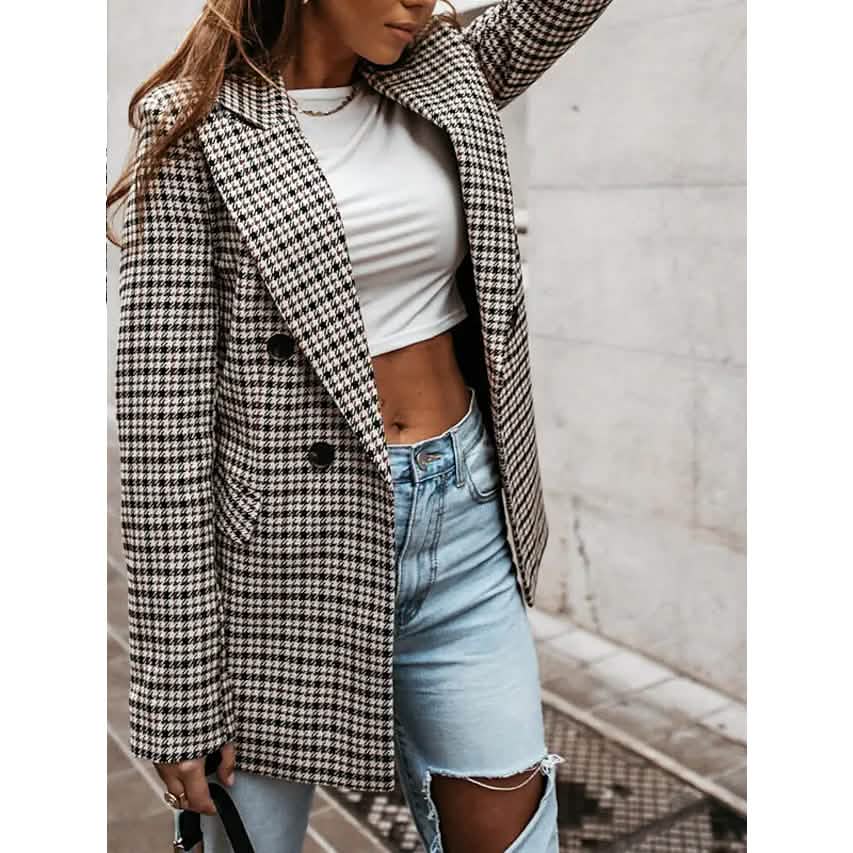 Damen Blazer Freizeitjacke Langarm Kariert Gesteppt