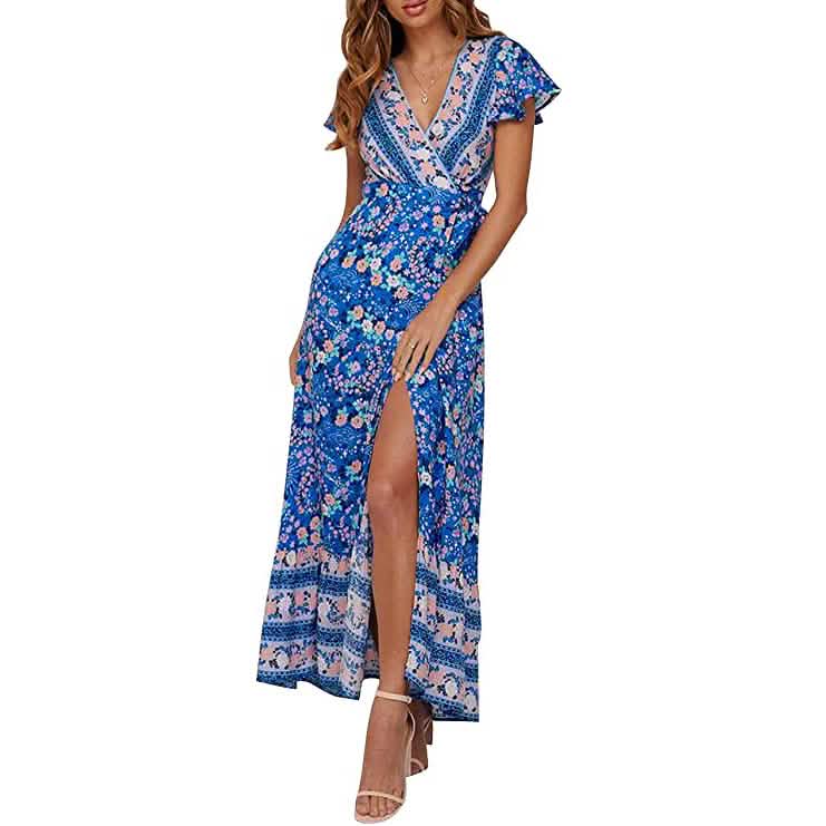 Damen Bohemian Maxikleid mit Blumenmuster, Wickel und V-Ausschnitt