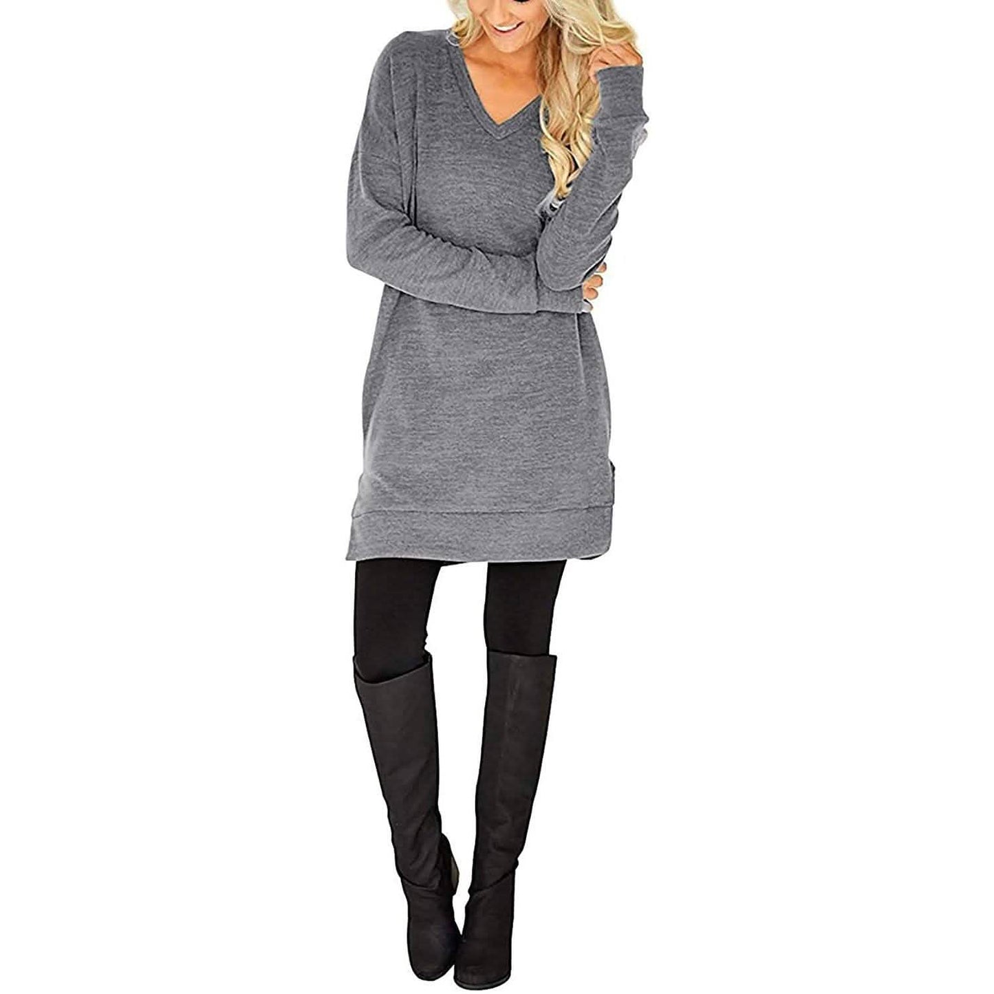 Damen Freizeit Langarm Einfarbig V-Ausschnitt Tunika-Shirt Oberteile mit Taschen