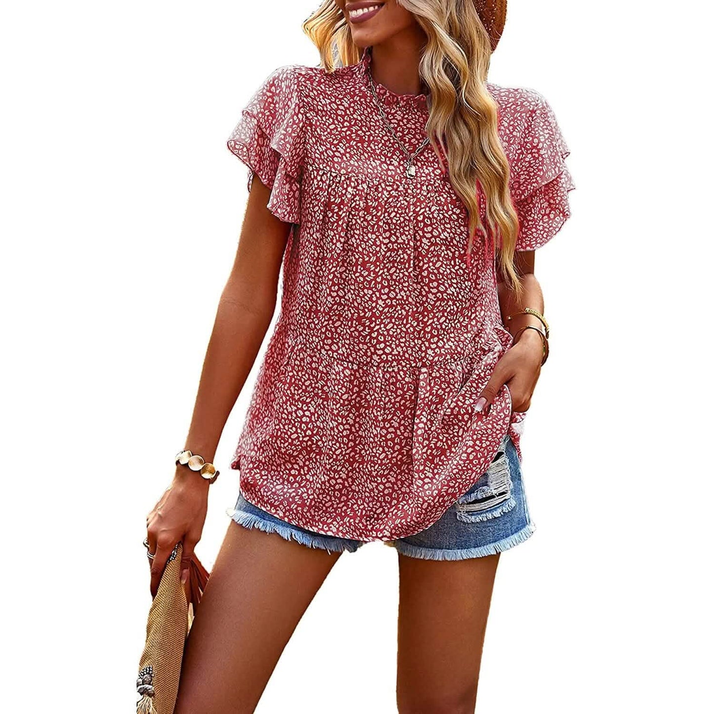 Damen Freizeit Sommer Tops Rüschen Kurzarm Stehkragen Modische Chiffonblusen mit Blumenmuster
