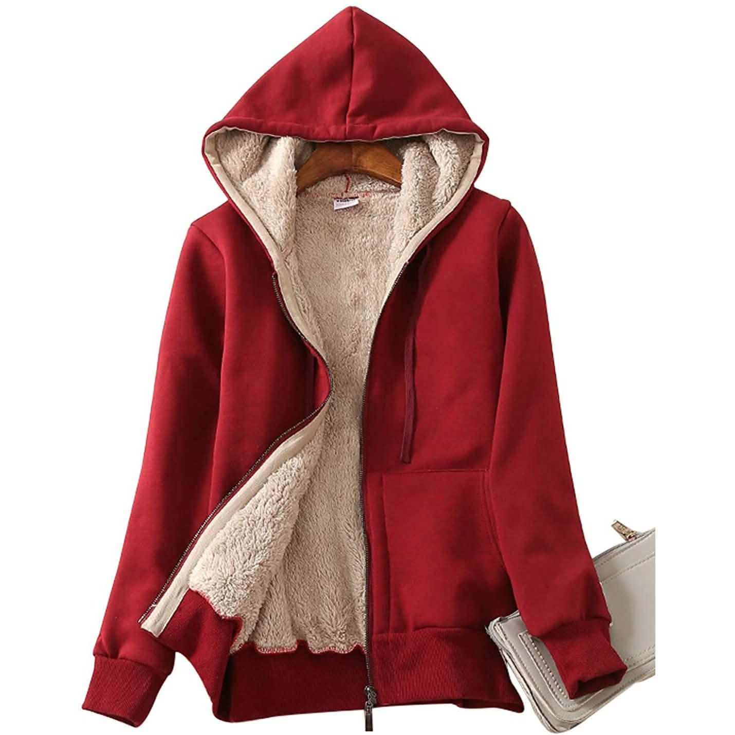 Damen lässiger, warmer Winter-Kapuzenpullover mit Sherpa-Futter und Reißverschluss