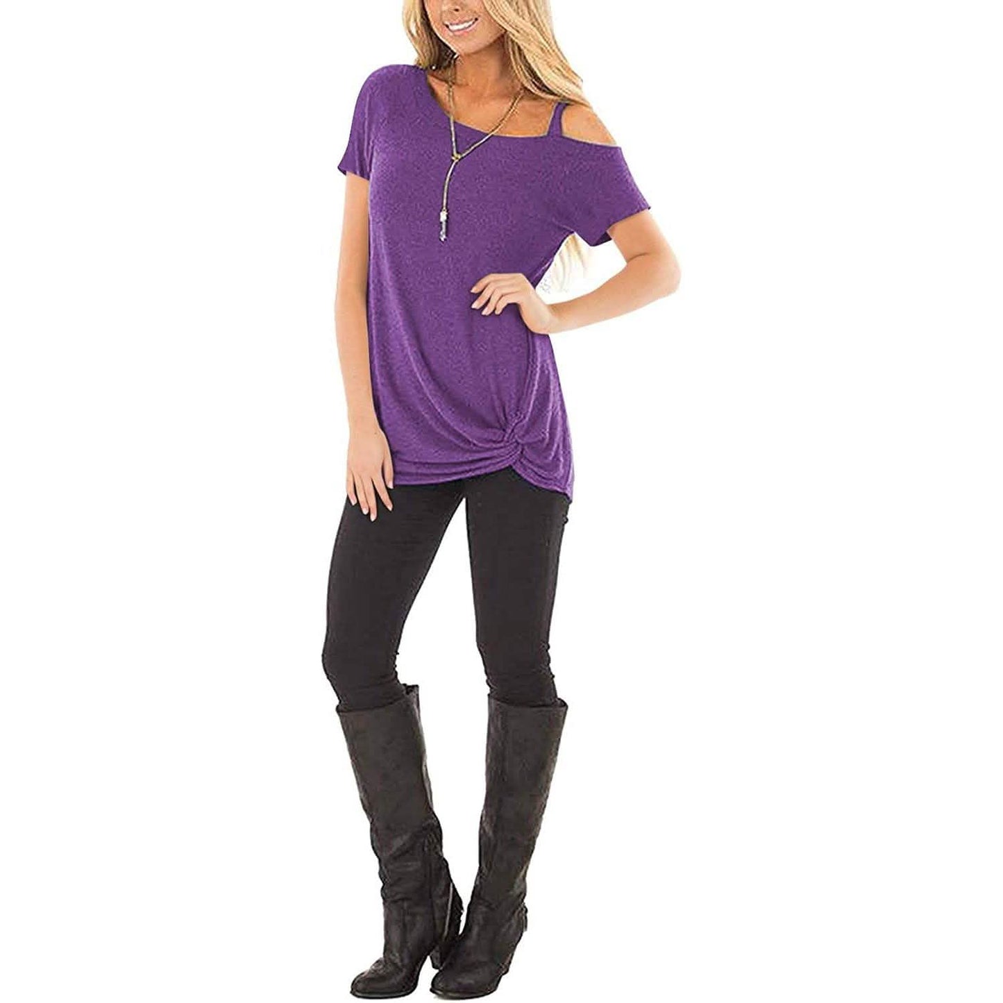 Damen Cold Shoulder Tops Sommer Kurzarm Lässig Twist Knot Bluse T-Shirt