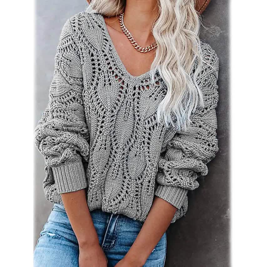 Damen Pullover mit V-Ausschnitt, gehäkelt und gestrickt, mit Hohlmuster