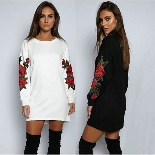 Damen Mode Stickerei Langarm Strickkleid