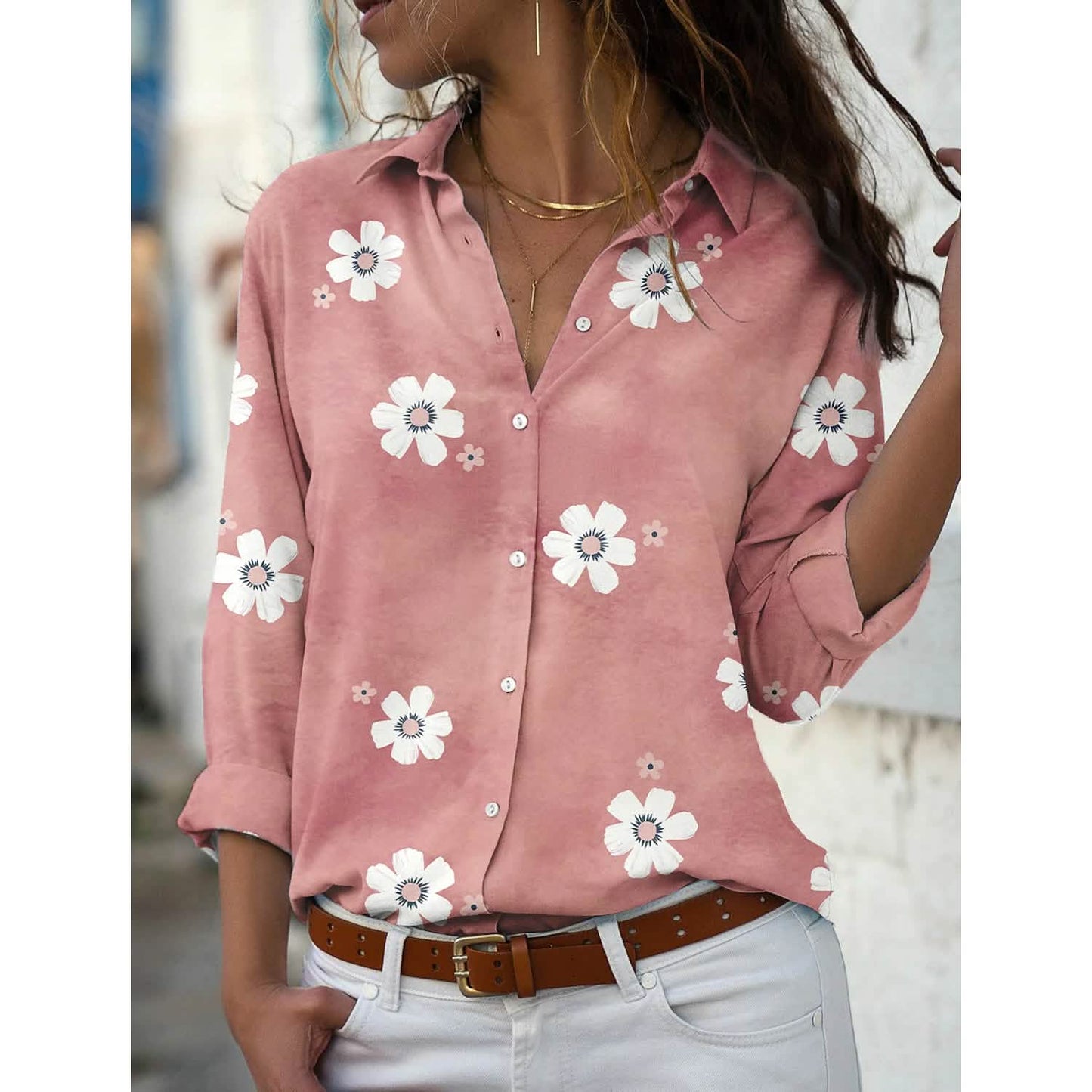 Damen-Blusentop mit Blumenmuster und Knöpfen