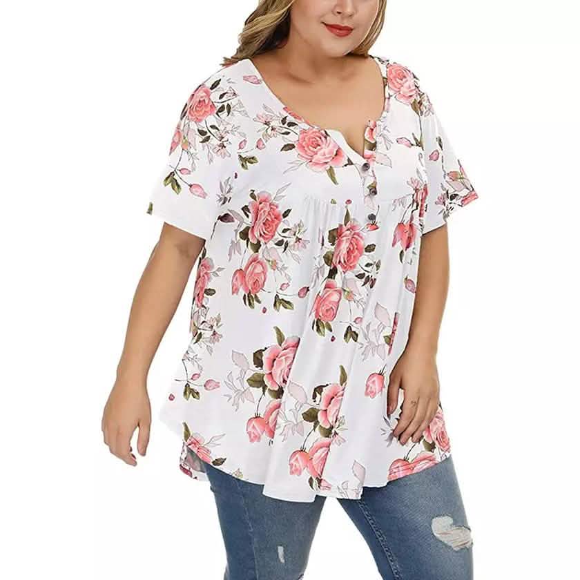 Damen Henley Shirts Blumen Tunika Tops Kurzarm Blusen