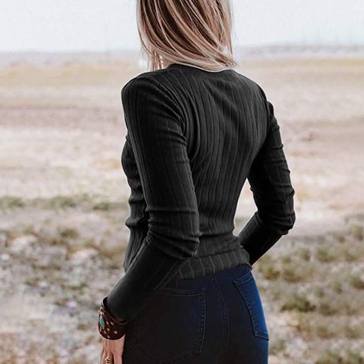 Damen Langarm V-Ausschnitt Gerippter Strickpullover mit Knöpfen