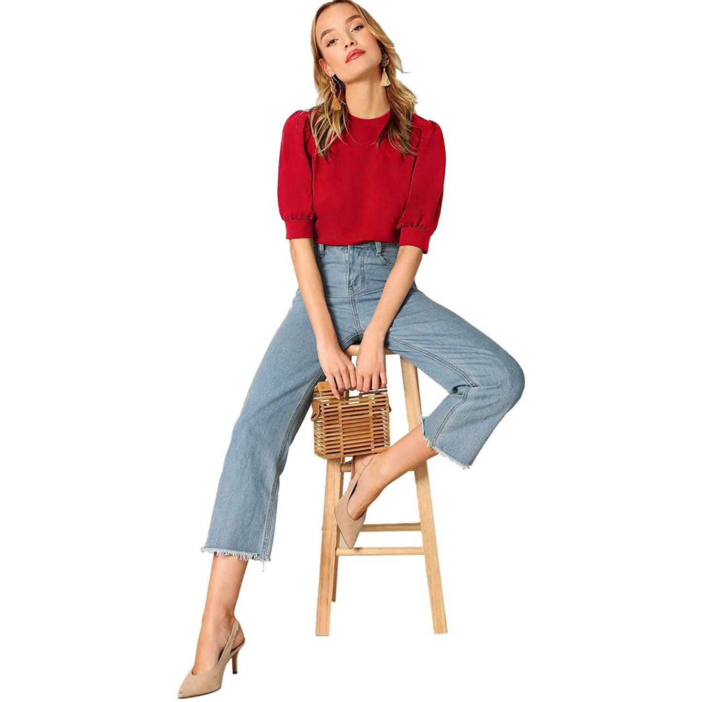Damen-Puffärmel-Pullover mit Schlüsselloch-Rückenbluse