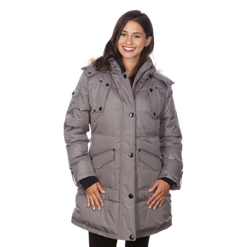 Damen-Pufferjacke mit großen Taschen und Kapuze mit Kunstfellbesatz