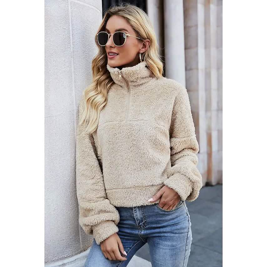 Damen-Sweatshirt mit kurzem Reißverschluss, einfarbig