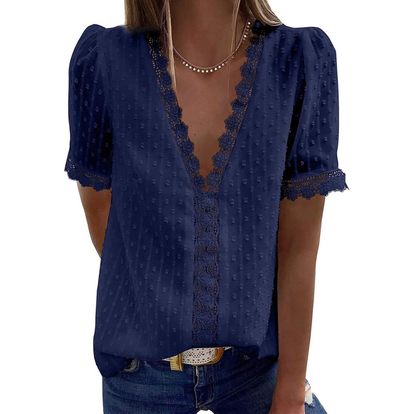 Damen sexy Spitzen-V-Ausschnitt-Oberteil