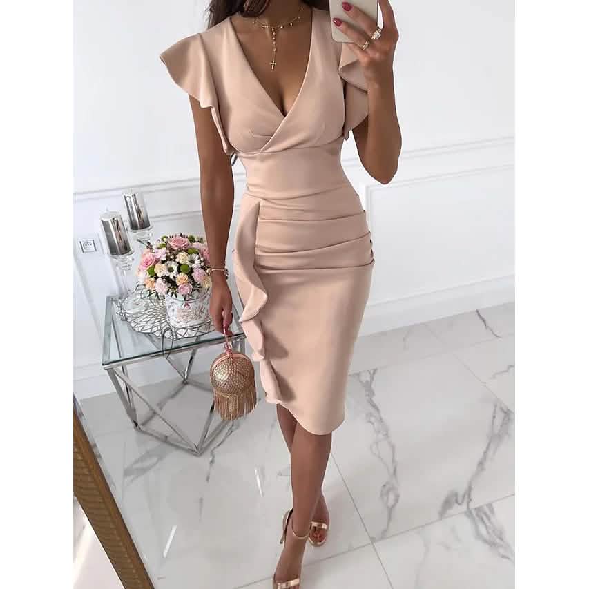 Damen Etui V-Ausschnitt Knielanges Kleid