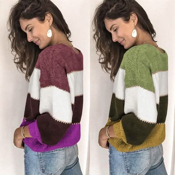 Damen Gestreifte Patchwork Streetwear Loose Strickpullover Oberteile
