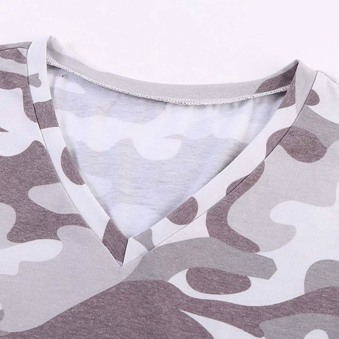 Damen Sommer Camo V-Ausschnitt Kurzarm T-Shirts Lässige Loose Bluse Oberteile