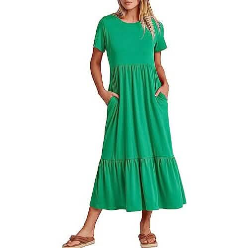 Damen Sommer Casual Kurzarm Rundhals Schwingkleid
