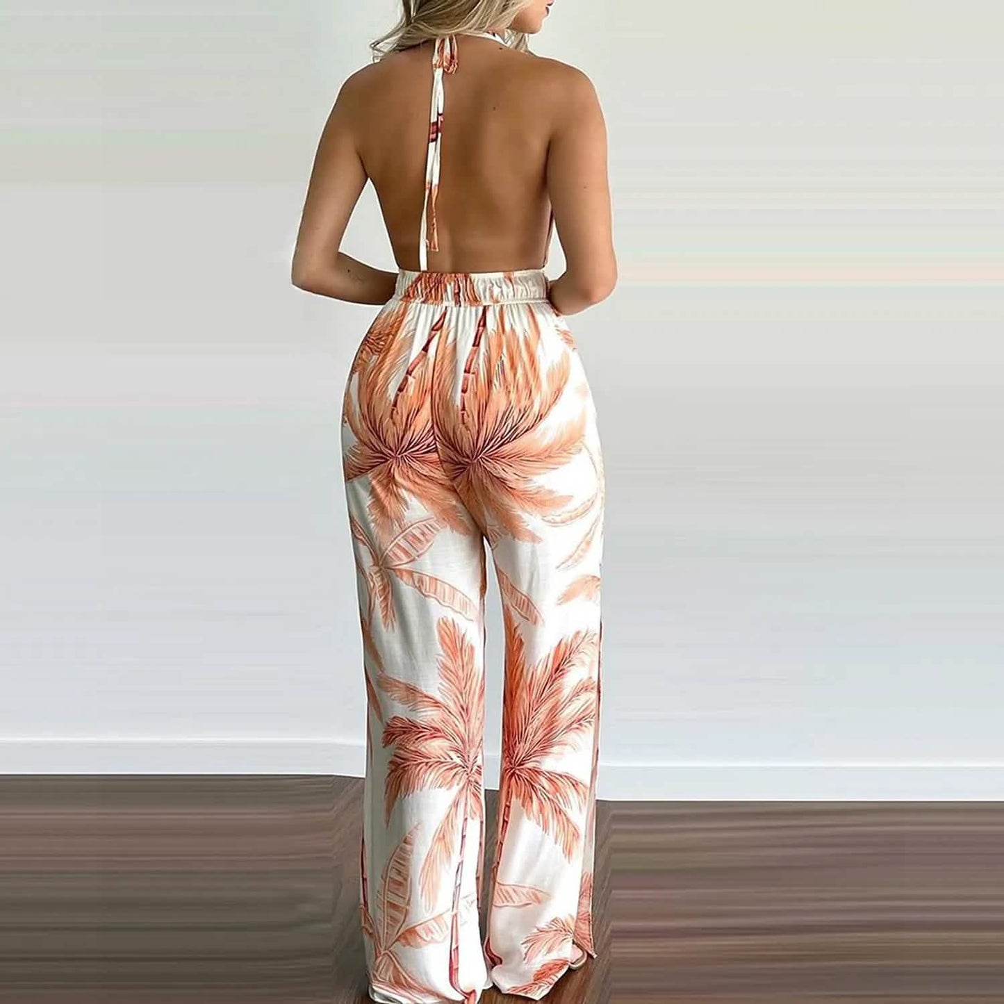 Damen Sommer Overall mit Digitaldruck, farbigem Schlitz und weitem Bein