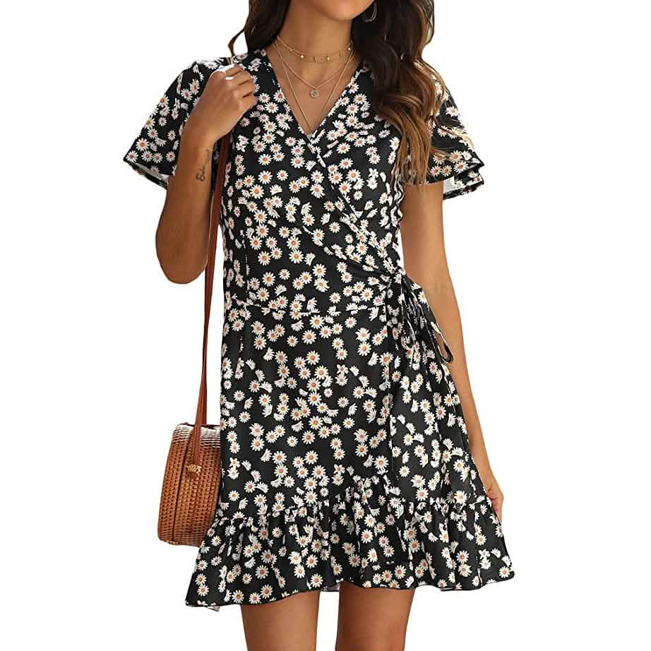 Damen Sommer Wickelkleid mit V-Ausschnitt und Tupfenmuster