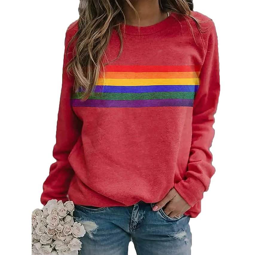 Damen T-Shirt Regenbogen Grafik Langarm Rundhals Oberteile