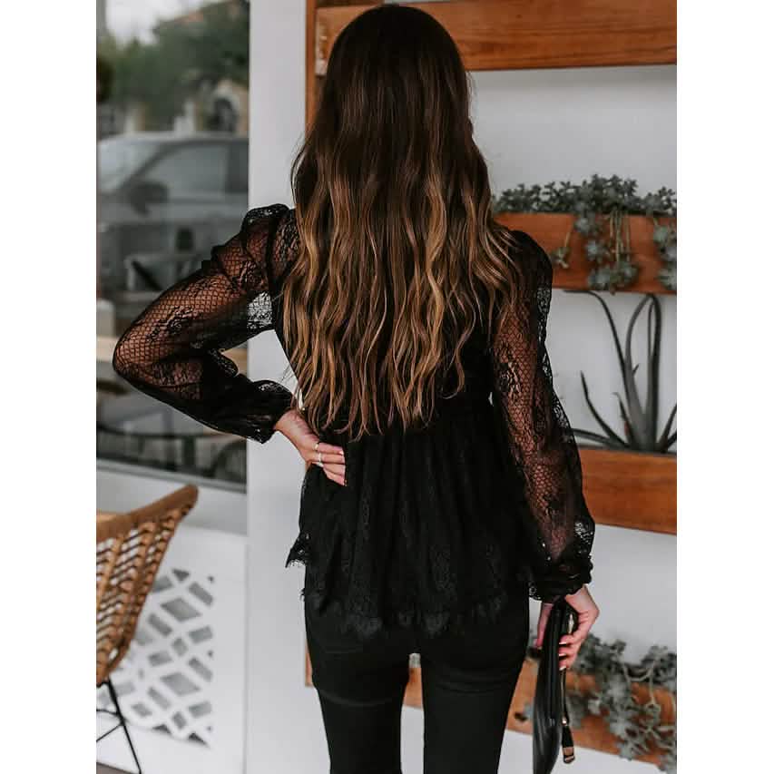 Damen Tunika Bluse Ösen Top V-Ausschnitt Oberteile