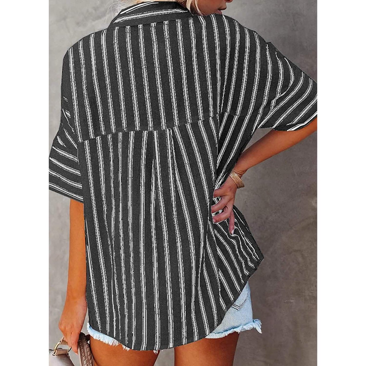 Damen V-Ausschnitt Gestreiftes Roll-Up-Manschetten-Knopfhemd-Top