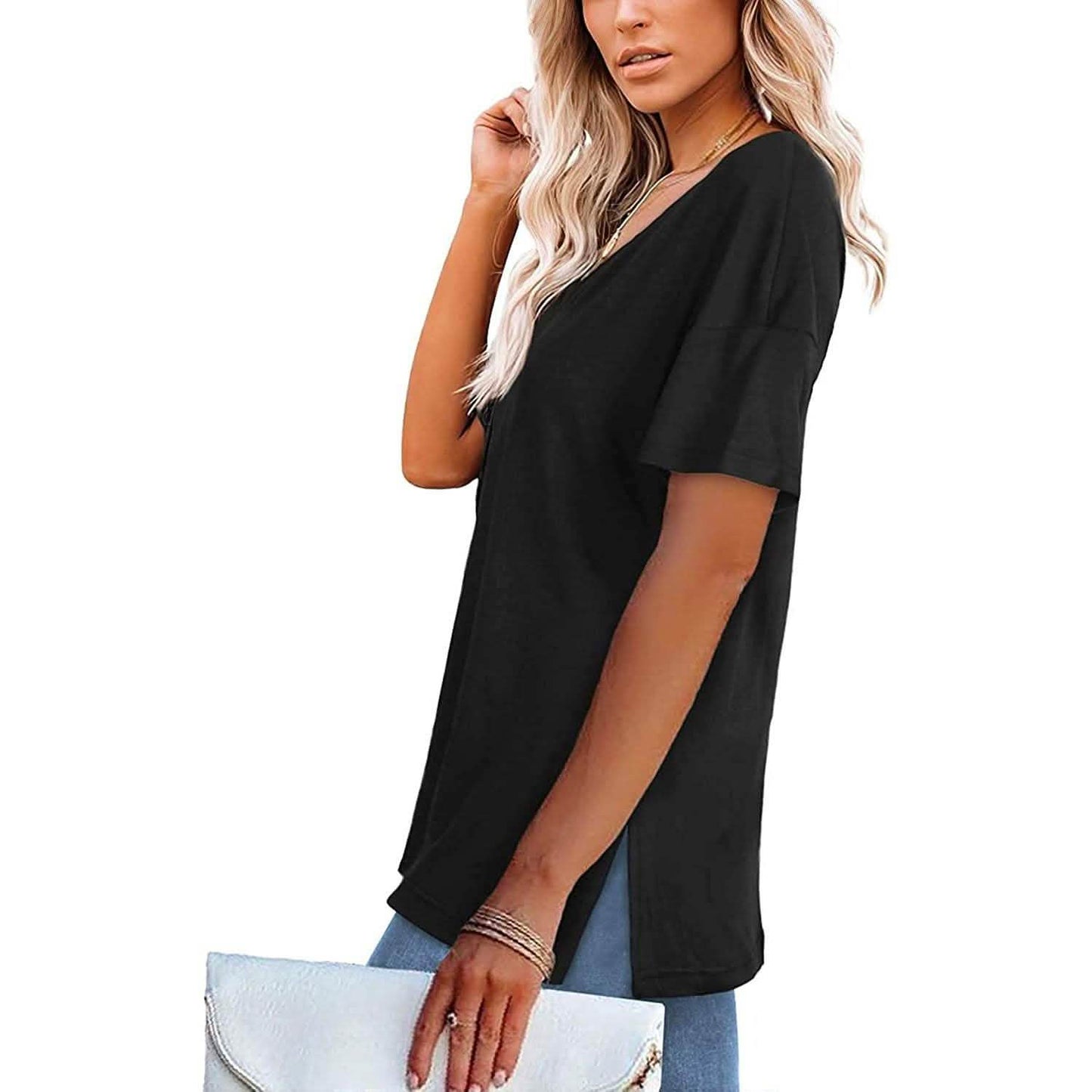 Damen V-Ausschnitt T-Shirts Basic Kurzarm Oberteile