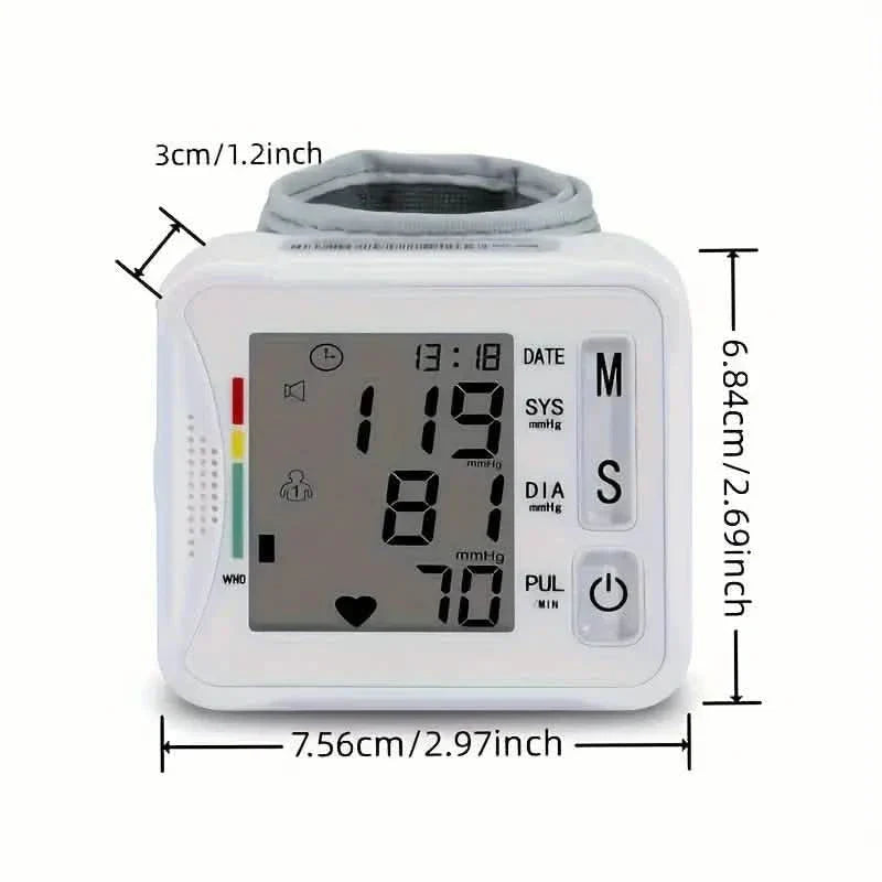 Handgelenk-Blutdruckmessgerät mit LCD-Anzeige, verstellbarer Manschette mit Erkennung von unregelmäßigem Herzschlag