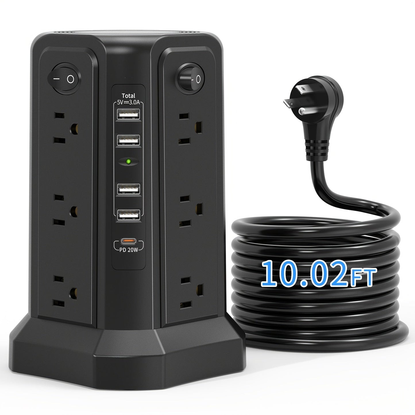 Überspannungsschutz-Turm 1800J mit 4 USB-A-Anschlüssen, USB-C-Anschluss (PD18W), 12 AC-Steckdosen und 3 m Kabel
