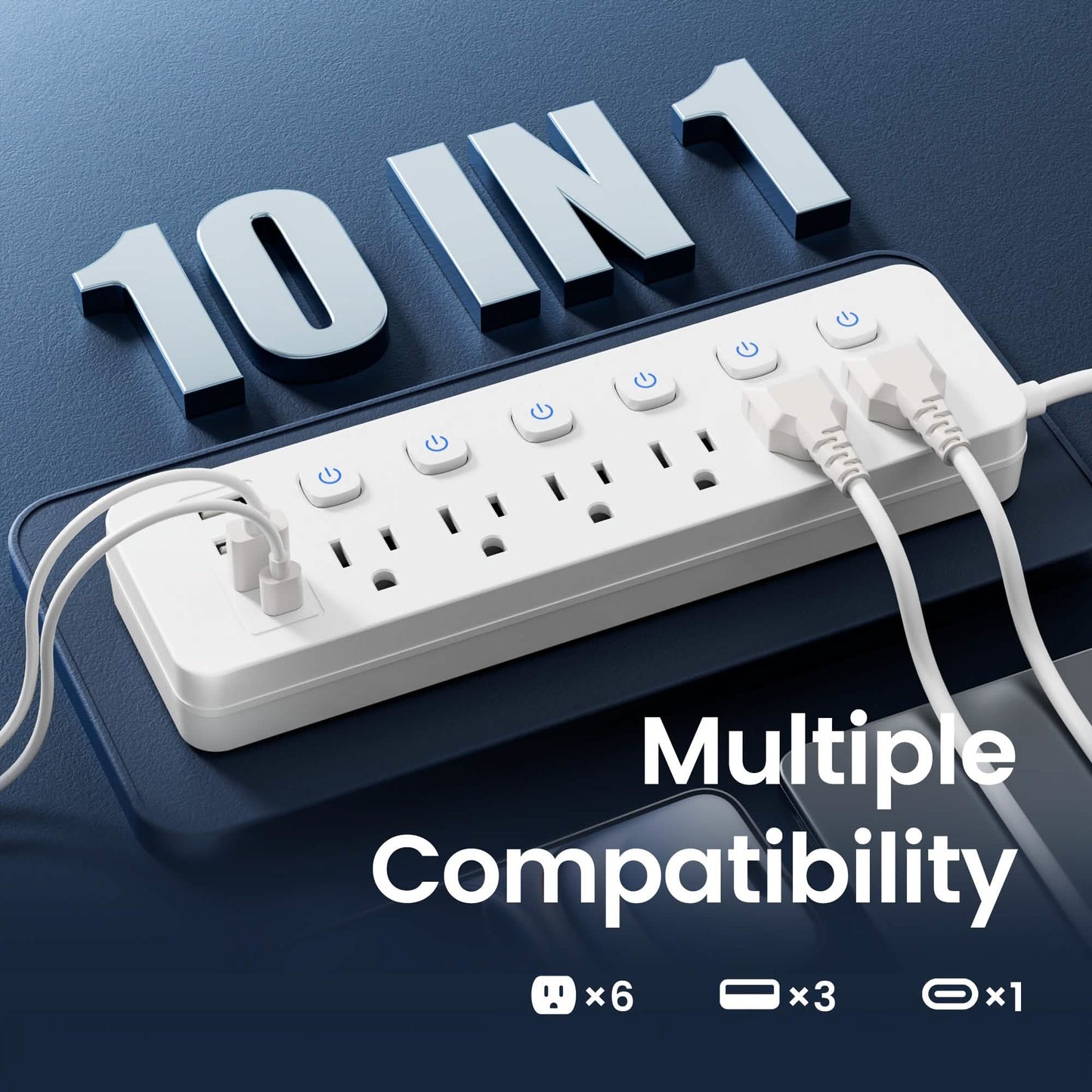 10-in-1 Mehrfachsteckdosenleiste – 6 AC, 3 USB-A, 1 Typ-C