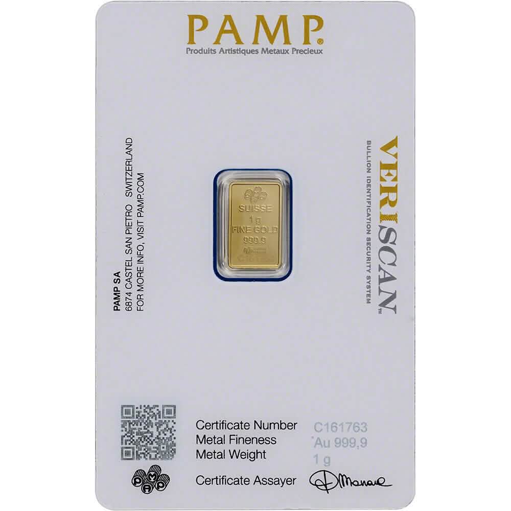 1 Gramm Goldbarren PAMP Suisse Fortuna 999.9 Fein in versiegelter Assay-Verpackung